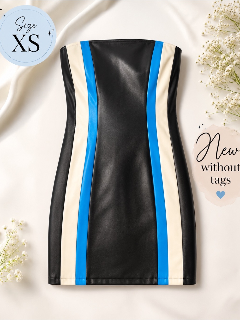 Strapless Colorblock Faux Leather Mini Dress in Black, Blue & Cream